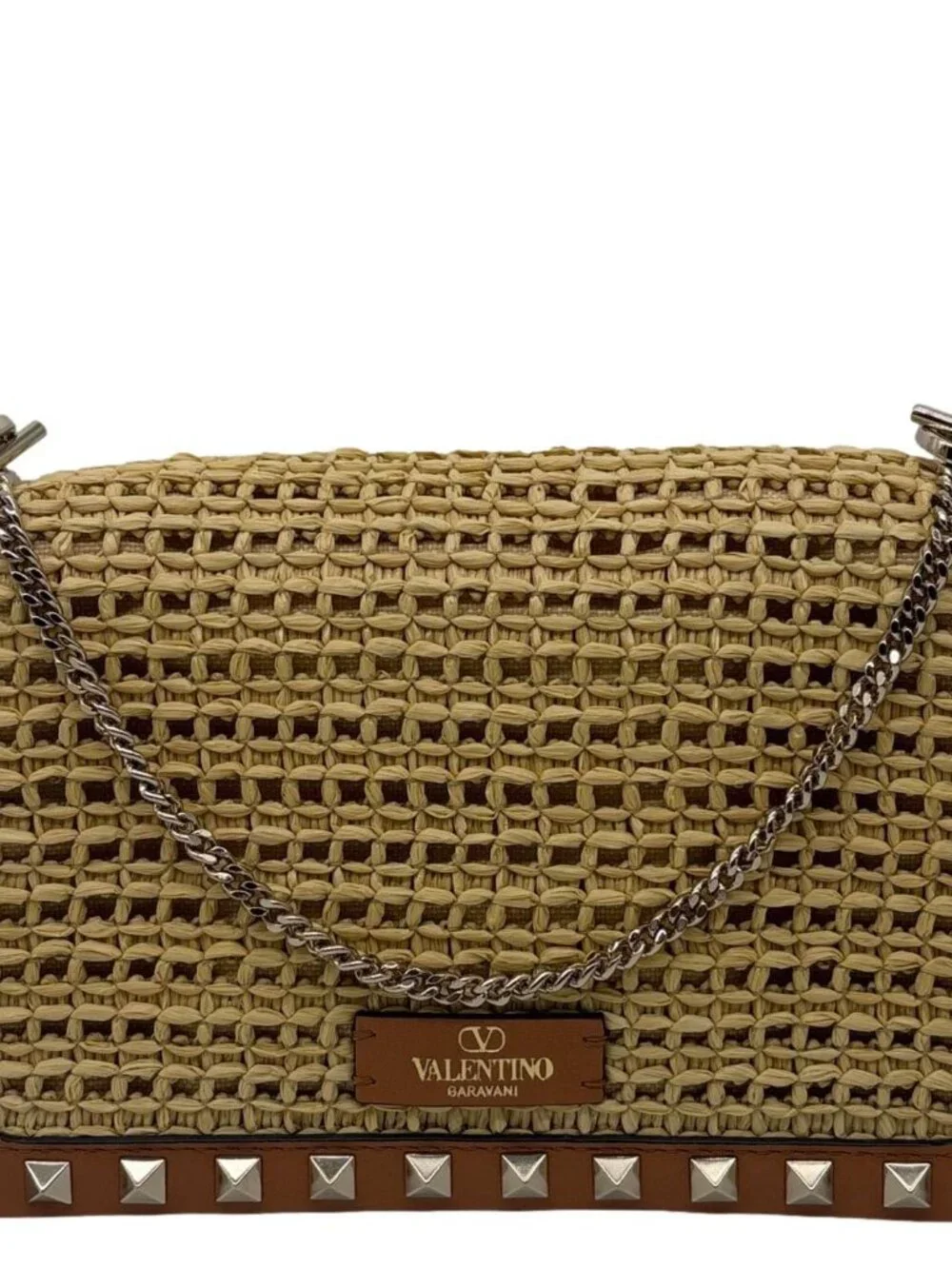 Valentino  Garavani Rockstud Raffia Wallet On Chain Crossbody Bag Tan